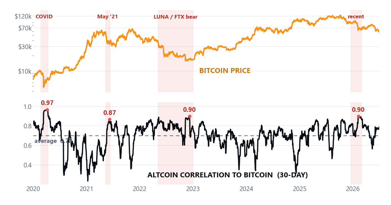 Bitcoin price over seven years above the rolling 30-day average altcoin correlation, which spikes in every crash