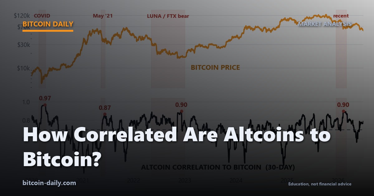 Chart of average altcoin correlation to Bitcoin over seven years, spiking toward 1.0 in every market crash