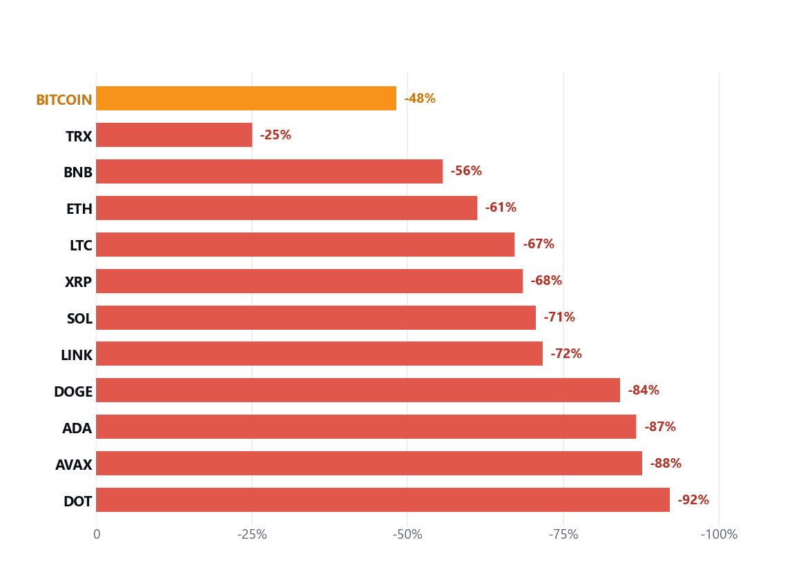 Drawdown from the 2025 cycle peak, Bitcoin down 48 percent versus altcoins down 56 to 92 percent