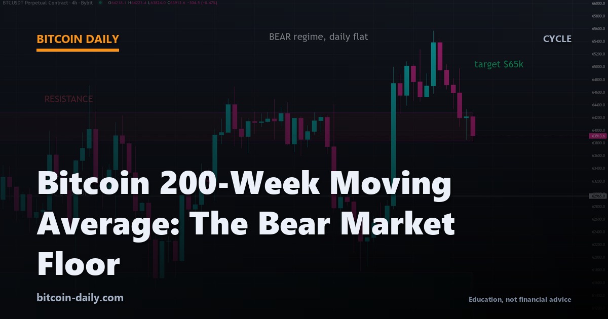 Bitcoin price chart with the 200-week moving average line highlighted, showing how bear market bottoms cluster near this level
