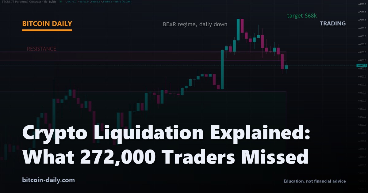 Live Bitcoin price chart showing a sharp bear market move, illustrating the kind of swing that triggers crypto liquidation cascades