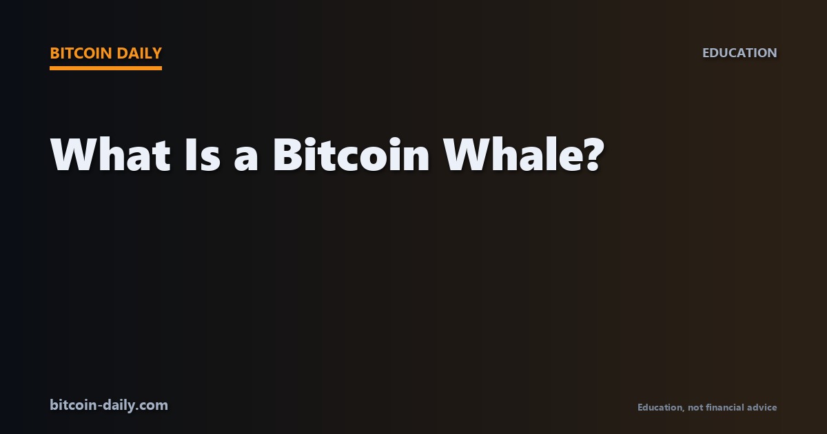 Branded card for an educational article explaining what a bitcoin whale is and who the biggest BTC holders are